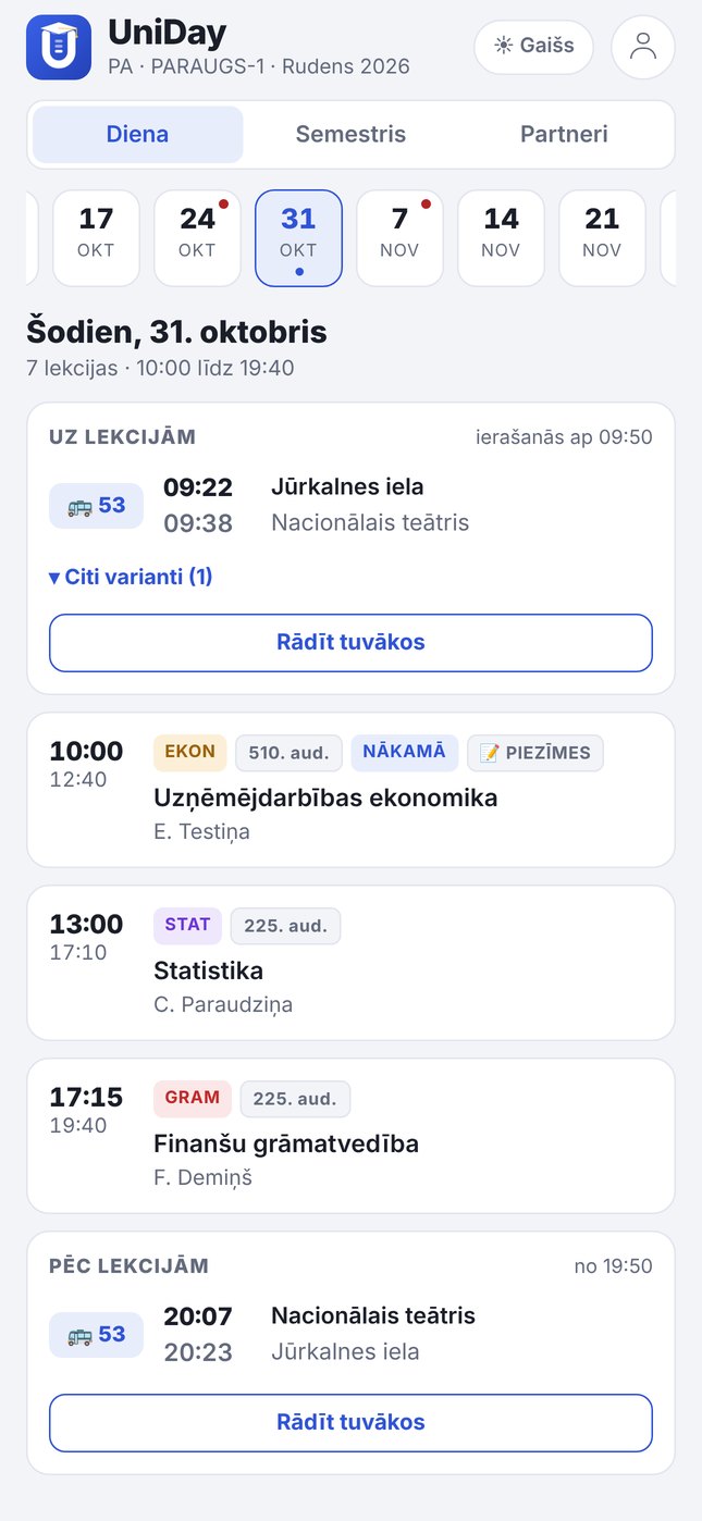 UniDay dienas skats: transports uz lekcijām, trīs lekcijas un transports mājup