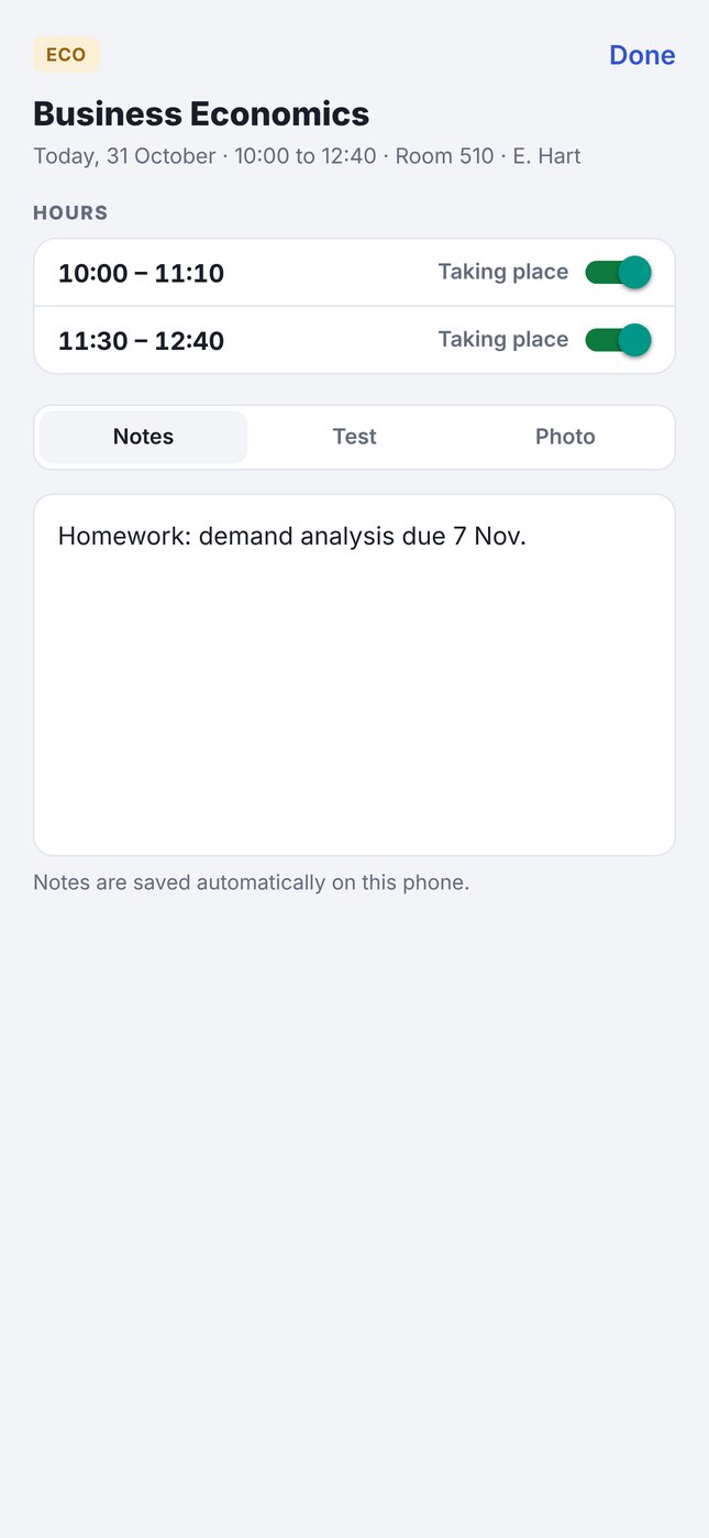 Lecture sheet with hours and notes