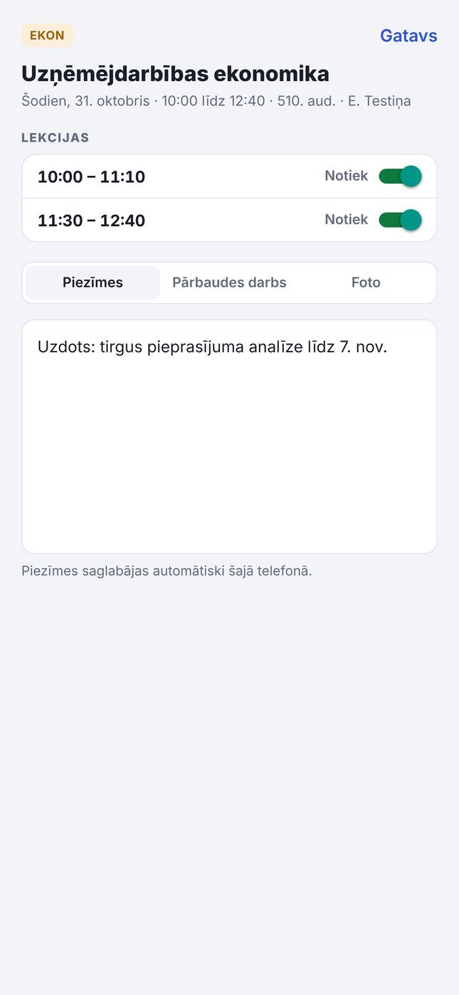 Lekcijas logs ar stundām un piezīmēm